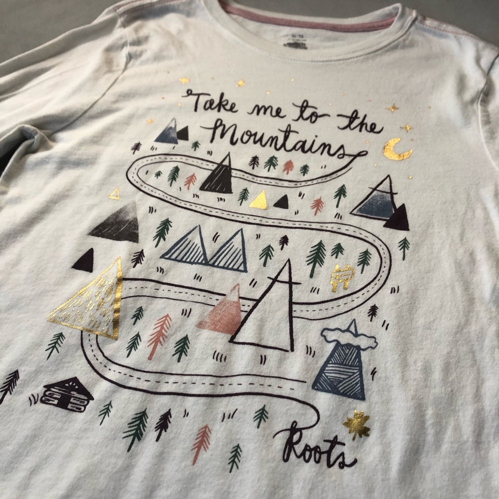 Roots ~ “Take Me To the Mountains” Long Sleeve Tee ~ Girls Size XL 11-12